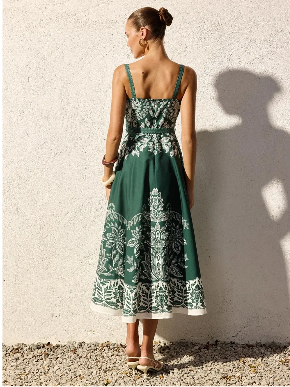 Commense Green Baroque Floral Belted Cami Maxi Dress XS | Resort Occasion Dress - Picture 4 of 6